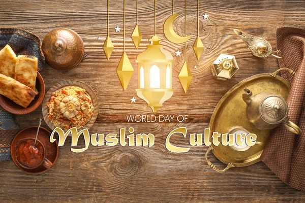 Hagyományos Arab Étel Fából Készült Háttérrel Muszlim Kultúra Világnapja — Stock Fotó