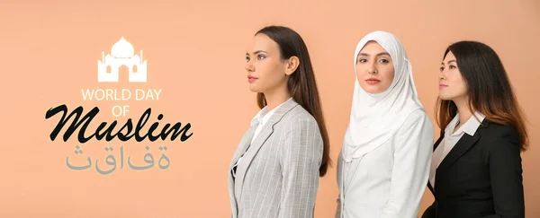 Gyönyörű Kaukázusi Arab Ázsiai Nők Színes Háttérrel Muszlim Kultúra Világnapja — Stock Fotó