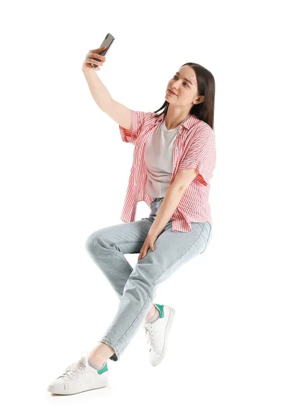 Pretty Young Woman Smartphone Taking Selfie While Sitting Chair White — Stock Photo, Image