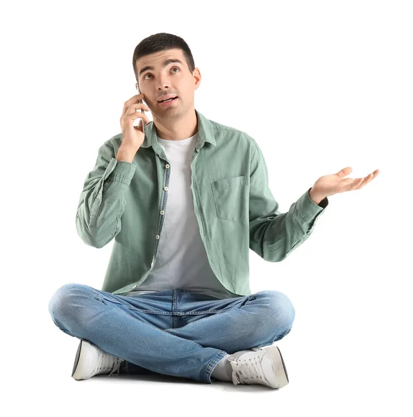 Young Guy Talking Mobile Phone White Background — Stock Photo, Image