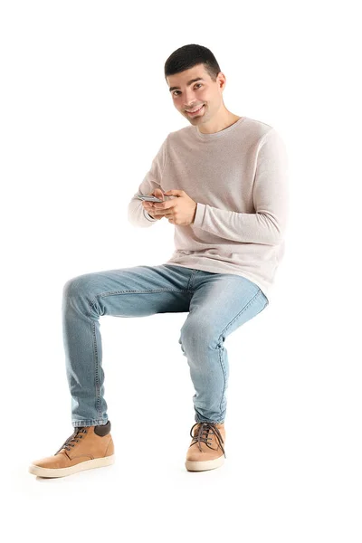 Handsome Guy Using Mobile Phone White Background — Stock Photo, Image