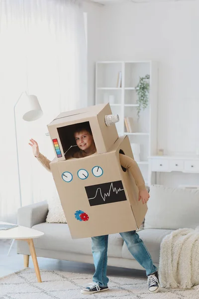 Little Boy Cardboard Robot Costume Playing Home — Stock Photo, Image