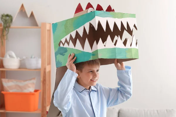 Little Boy Cardboard Dinosaur Costume Home — Stock Photo, Image