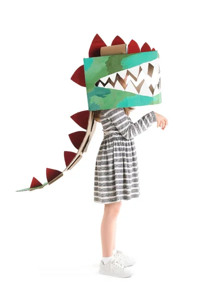 Little Girl Cardboard Dinosaur Costume White Background — Stock Photo, Image