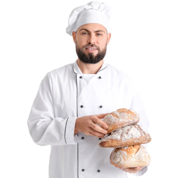 Male Baker Loaves Fresh Bread White Background — Stock fotografie