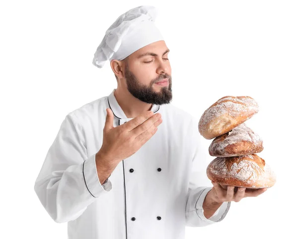 Male Baker Loaves Fresh Bread White Background — Zdjęcie stockowe