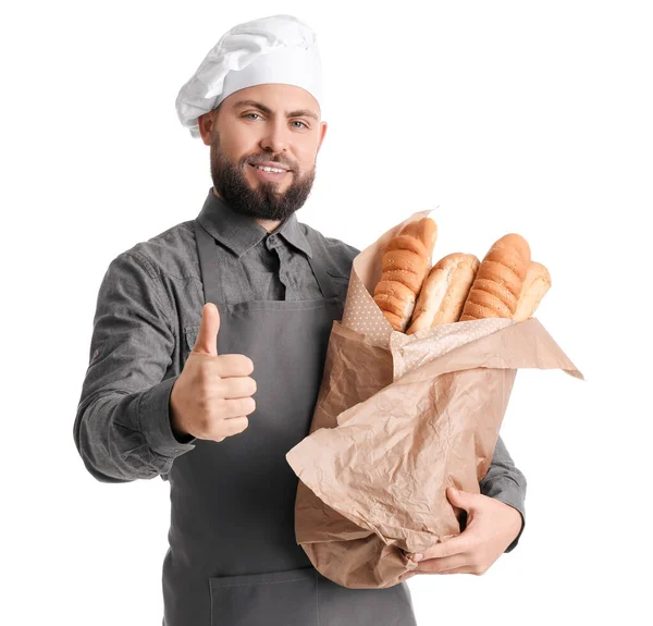 Male Baker Fresh Baguettes Showing Thumb White Background — Foto Stock