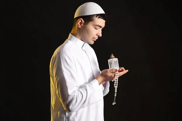 Praying Muslim Man Dark Background — Stockfoto