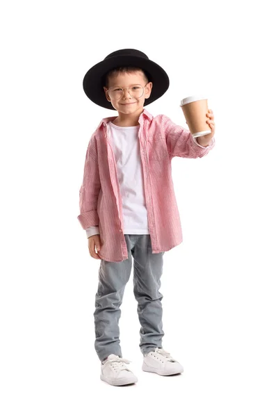 Симпатичный Маленький Стилист Чашкой Кофе Белом Фоне — стоковое фото