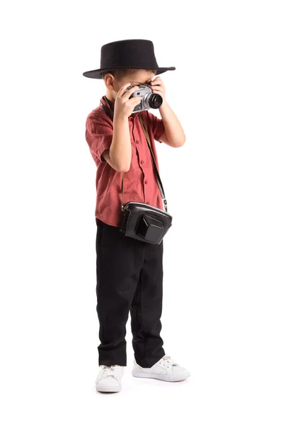 Roztomilý Malý Fotograf Kamerou Bílém Pozadí — Stock fotografie