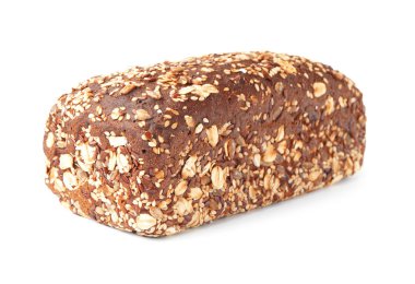 Fresh loaf of rye bread with various seeds isolated on white background
