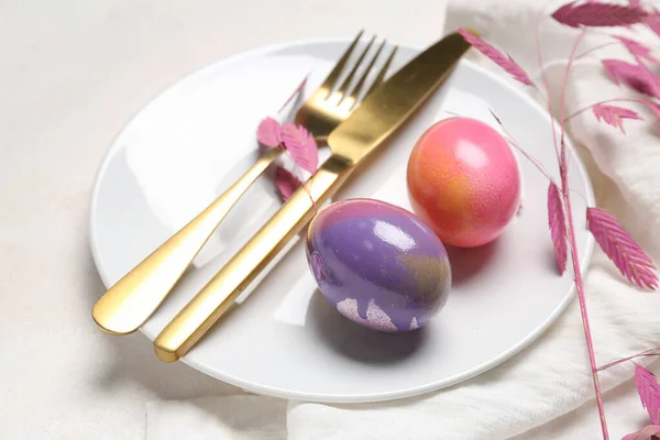 Table Setting Easter Eggs Cutlery Plant Branch White Background — Φωτογραφία Αρχείου