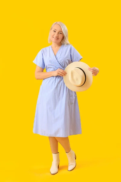Stylish Blonde Mature Woman Hat Yellow Background — Stock Photo, Image