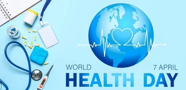 Zapasy Lekarskie Niebieskim Tle Światowy Dzień Zdrowia — Zdjęcie stockowe