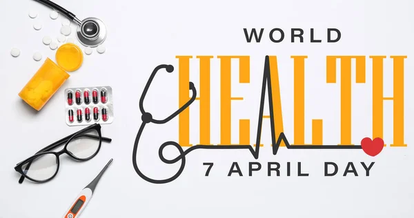 Tabletki Stetoskopem Okularami Termometrem Jasnym Tle Światowy Dzień Zdrowia — Zdjęcie stockowe