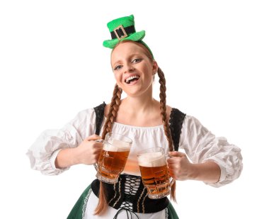 Irish waitress with glasses of beer on white background. St. Patrick's Day celebration
