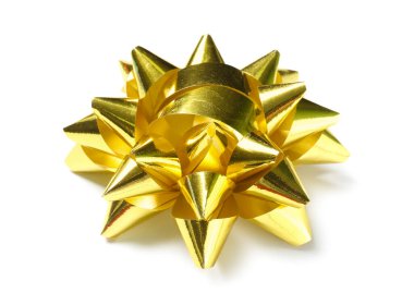 Bow made of golden ribbon on white background