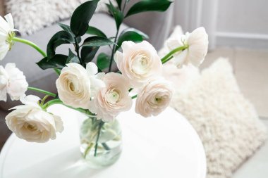 Oturma odasındaki masada ranunculus çiçekli vazo, yakın plan.