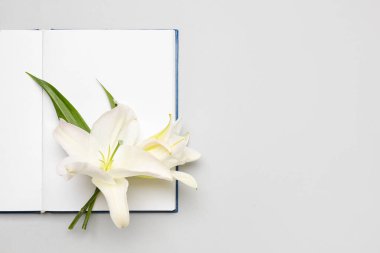 Açık kitap ve beyaz arka planda güzel zambak çiçekleri