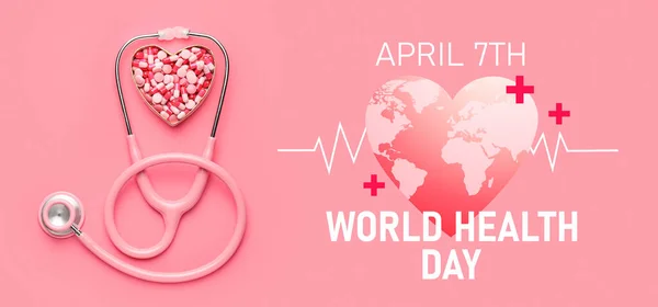 Serce Pigułek Stetoskopu Różowym Tle Światowy Dzień Zdrowia — Zdjęcie stockowe