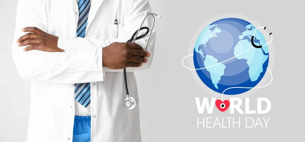 Afrikanisch Amerikanischer Arzt Auf Hellem Hintergrund Weltgesundheitstag — Stockfoto