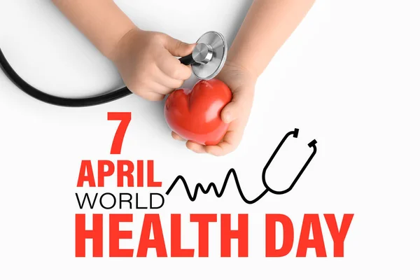 Ręce Dziecka Czerwonym Sercem Stetoskopem Białym Tle Światowy Dzień Zdrowia — Zdjęcie stockowe