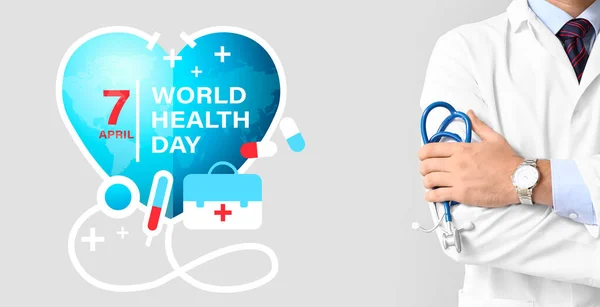 Arka Planda Steteskop Olan Bir Erkek Doktor Dünya Sağlık Günü — Stok fotoğraf