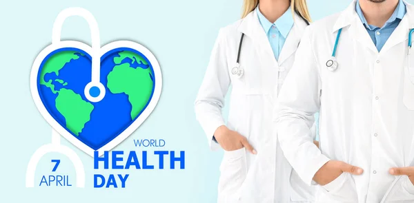 Lekarze Płci Męskiej Żeńskiej Jasnym Tle Światowy Dzień Zdrowia — Zdjęcie stockowe