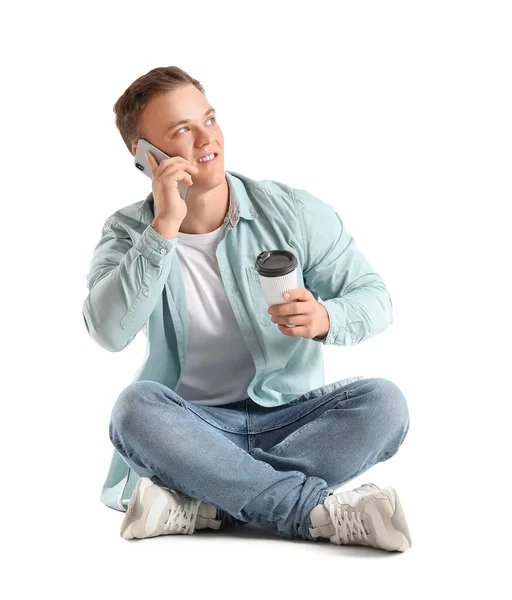 Young Man Talking Smartphone White Background — Stock Photo, Image