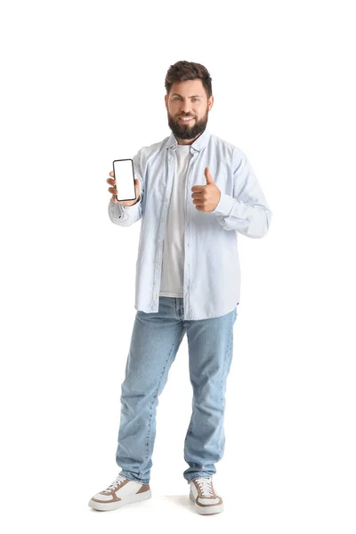 Homem Barbudo Jovem Com Telefone Celular Mostrando Polegar Para Cima — Fotografia de Stock