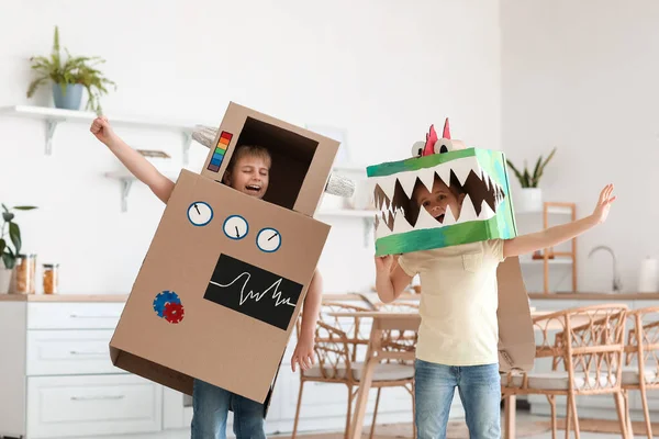 Little Children Cardboard Costumes Playing Kitchen — Stock Photo, Image