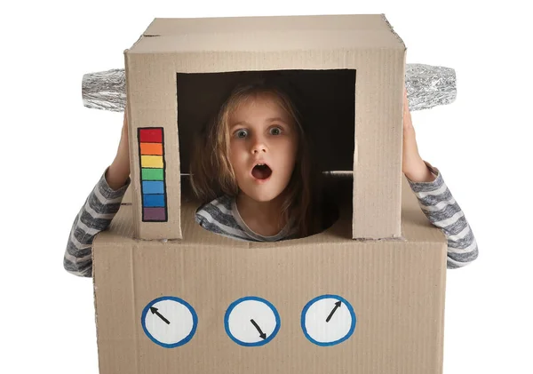 Shocked Little Girl Cardboard Robot Costume White Background — Stock Photo, Image