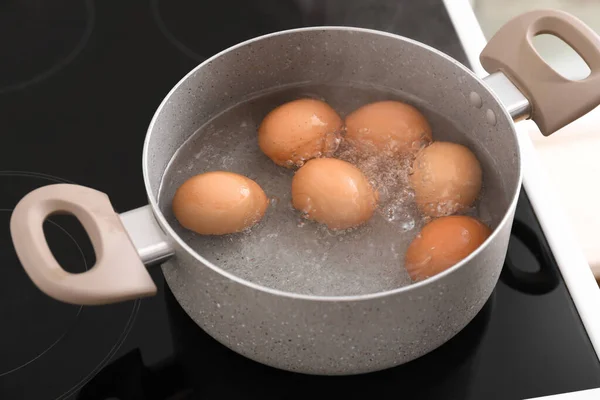 Cooking Pot Boiling Eggs Stove Kitchen — Stock Photo, Image