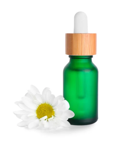 Bottle Essential Oil Chamomile Flower White Background — Stock Photo, Image
