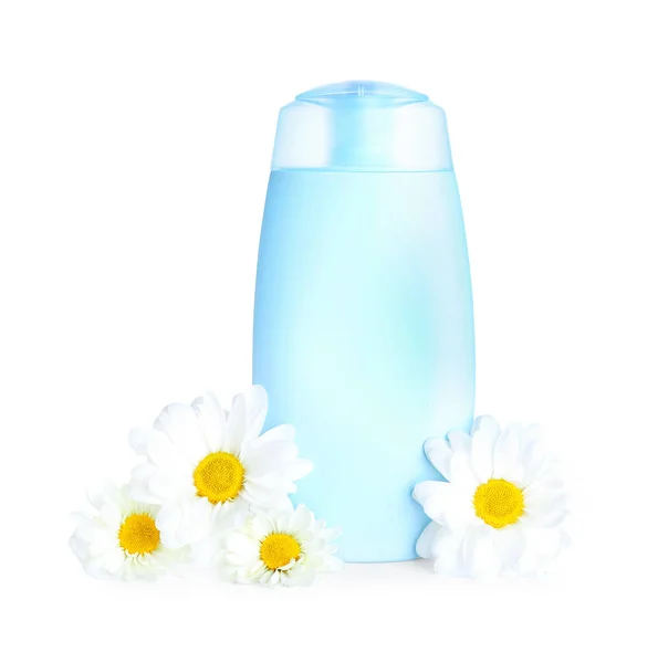 Bottle Cosmetic Product Chamomile Flowers White Background — Stock Photo, Image