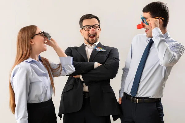 Business Colleagues Funny Disguise Light Background April Fools Day Celebration — Stockfoto