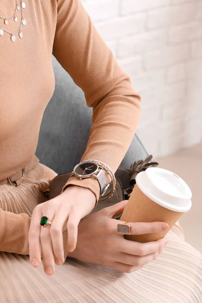 Woman Stylish Wristwatch Cup Coffee Sitting Home Closeup — Stock Photo, Image