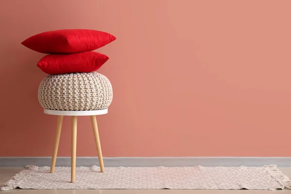 Stack Stylish Decorative Pillows Pouf Stool Pink Wall — Stock Photo, Image