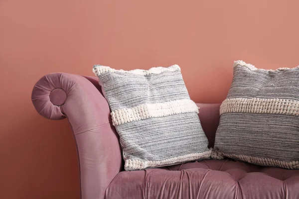 Stylish Decorative Pillows Cozy Armchair Pink Wall — Stock Photo, Image