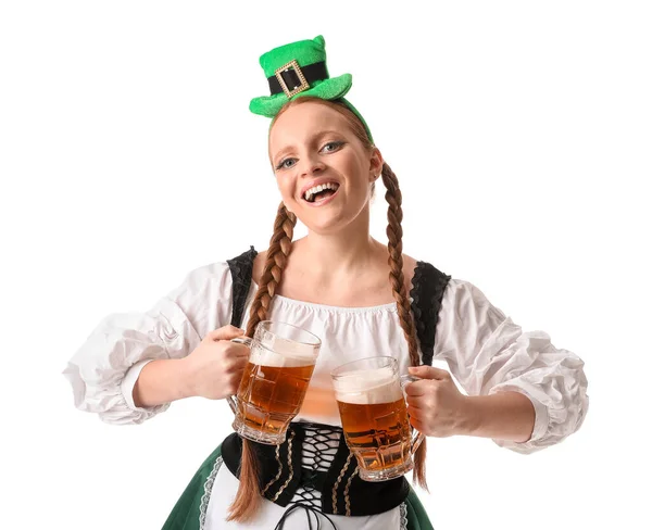 Irish Waitress Glasses Beer White Background Patrick Day Celebration — Stock fotografie