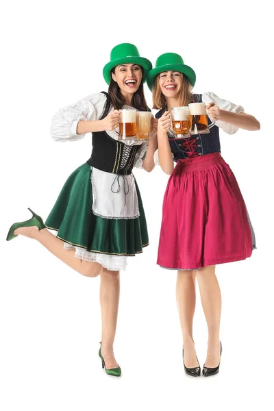 Irish Waitresses Glasses Beer White Background Patrick Day Celebration – stockfoto