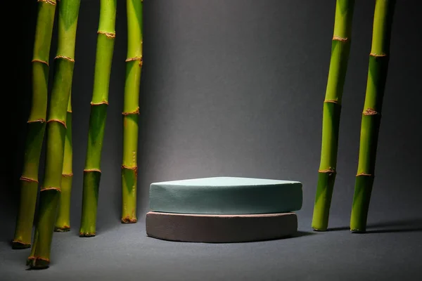 Green Bamboo Stems Plaster Podiums Black Background —  Fotos de Stock