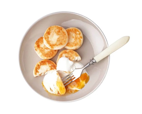 Plate Tasty Cottage Cheese Pancakes Sour Cream Jam White Background — Stock Photo, Image