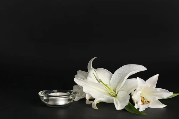 Hořící Svíčka Krásné Lilie Květiny Tmavém Pozadí — Stock fotografie