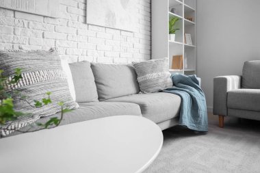 Oturma odasının iç tarafında yastıklar olan gri kanepeler.