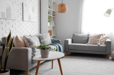 Oturma odasındaki yastıklı ve çiçekli gri kanepeler.