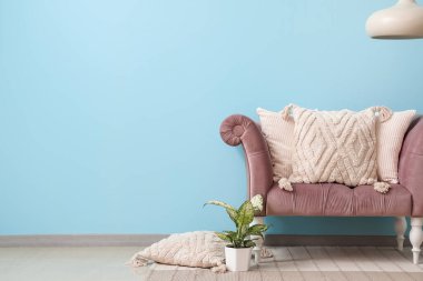 Yastıklı pembe kanepe ve mavi duvarın yanında çiçek.