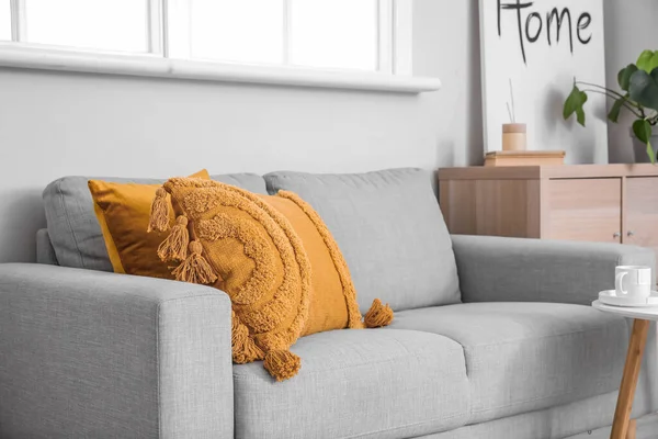 Grey Sofa Cushions White Wall — Stock Photo, Image