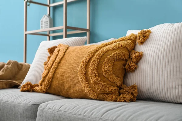 Soft Cushions Grey Cozy Sofa Blue Wall — Stock Photo, Image