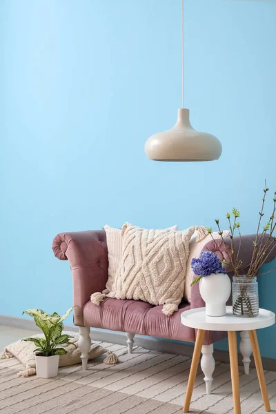 舒适的沙发 靠蓝墙边有靠垫 桌子和各种植物 — 图库照片
